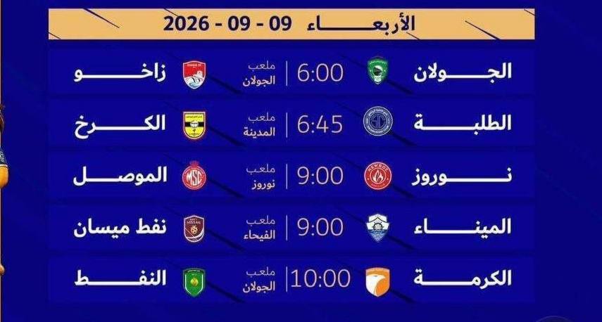 لائحة بمباريات اليوم من الجولة السادسة في دوري نجوم العراق