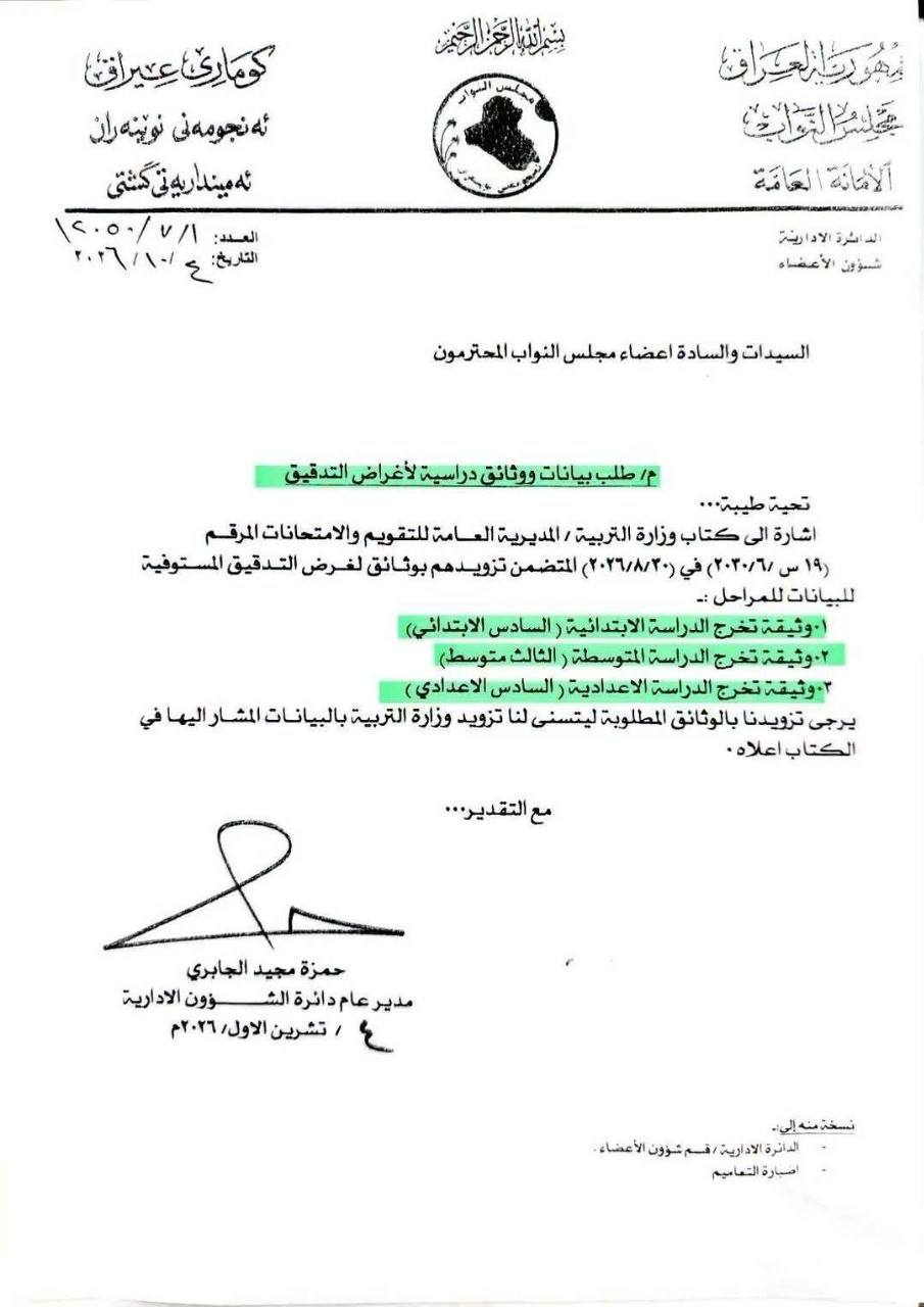بالوثيقة.. الأمانة العامة لمجلس النـواب تخاطب أعضاء المجلس لتقديم وثائقهم الدراسية