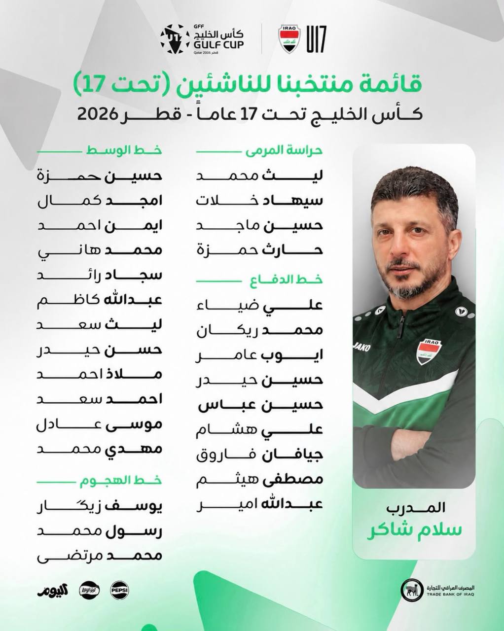 قائمة منتخب الناشئين للمشاركة في كاس الخليج (تحت 17 عاماً) والتي تستضيفها العاصمة القطرية الدوحة