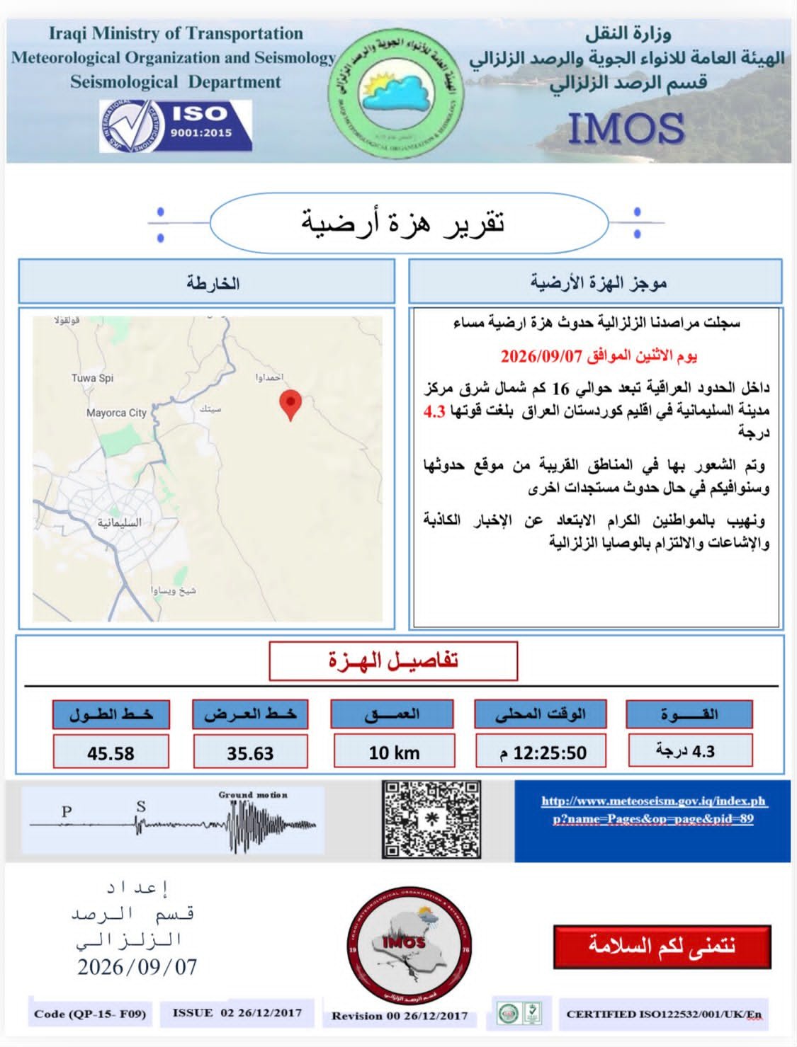 تسجيل هزة ارضية بقوة (4.3) درجة شرق مدينة السليمانية